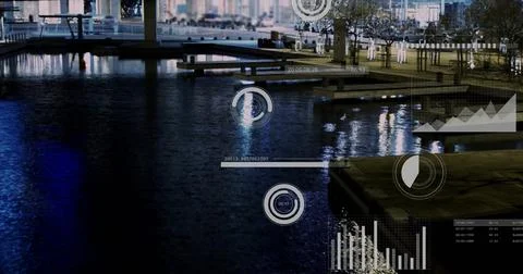 Data visualization image over city waterfront at night Stock Photos