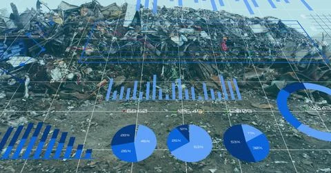 Data visualization image over landfill, showing various charts and graphs Foto stock
