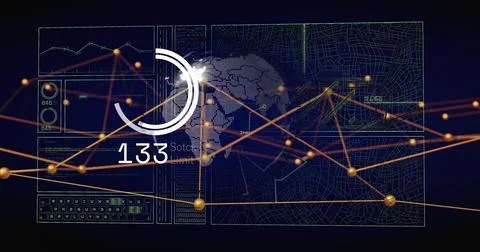 Data visualization image over world map and graphs with numerical indicators Foto stock