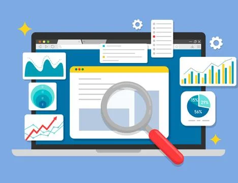 Data visualization interface on computer, featuring analytics charts, line gr Stock Illustration
