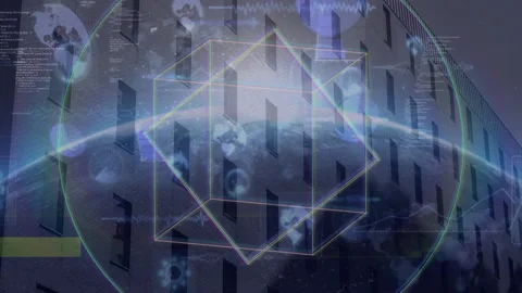 Data visualization interface showing 3D wireframe polyhedron orbiting above Stock Footage 308677046