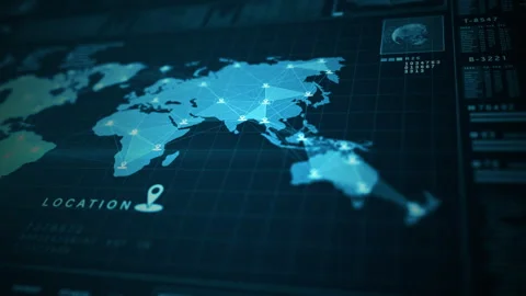 Data visualization interface with world map and location, graphs Video stock 273285319