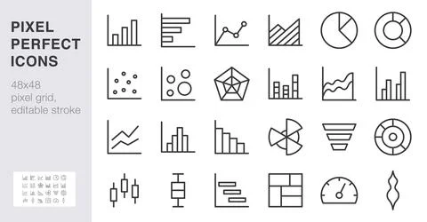 Data visualization line icon set. Bar chart, pie, radar, funnel minimal vector Stock Illustration