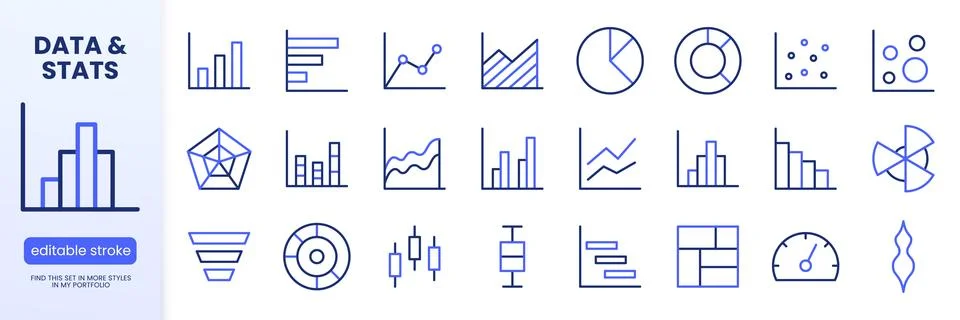 Data visualization line icon set. Bar chart, pie, radar, funnel minimal vector 库存插图