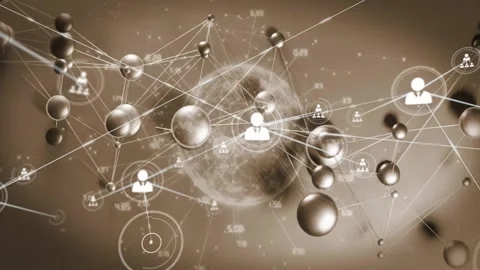 Data visualization network receiving data input, expanding nodes and links, Stock Footage 328233458