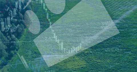 Data visualization overlay expanding across crop field, showing pie charts, bar Stock Footage 307464095