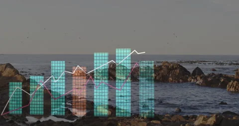 Data visualization overlay floating over rocky coastal scene, showing bar charts Stock Footage 309099069
