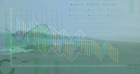 Data visualization overlay moving across coastal panorama, showing bar charts Stock Footage 307859119