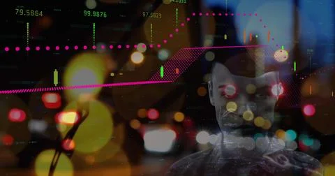 Data visualization overlaying abstract city lights with digital interface Stock Photos