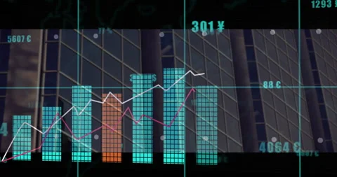 Data visualization overlaying glass façade, showing bar charts with neon grid Stock Footage 309092245