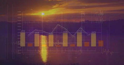 Data visualization overlaying lakeshore sunset, with bar charts line graph Foto stock