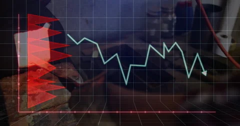 Data visualization overlaying workshop grid, mixing finance line graph and bar Stock Footage 307448681