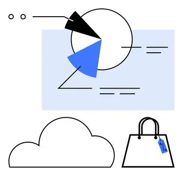 Data Visualization with Pie Chart, Cloud Storage, and E-commerce Shopping Bag Stock Illustration
