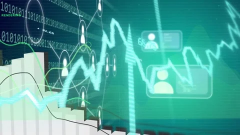 Data visualization reacting to cyan waveform pulse, bars shifting, nodes linking Stock Footage 334883501