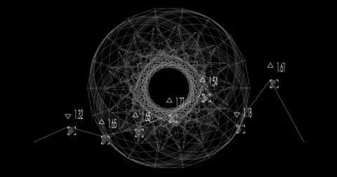 Data visualization rendering wireframe circle pattern in dark interface, showing Stock Footage 309109248