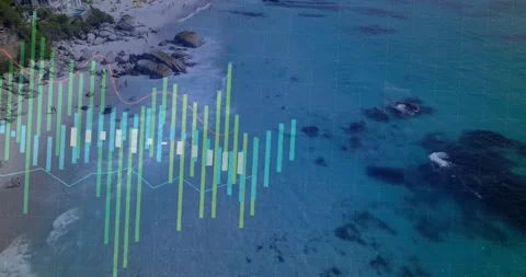 Data visualization showing grid overlay, bar charts and line graphs in beach Stock Footage 325966140