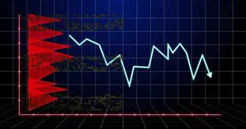 Data visualization showing red triangular bars and cyan zigzag graph moving on Video stock 307434467