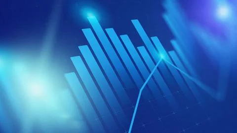 Data visualization shows a bar graph with upward trends on a blue background Stock Illustration