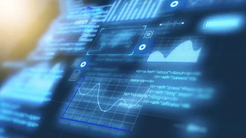 Data visualization shows graphs and code on a digital screen in a modern Stock Illustration