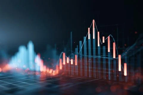 Data visualization shows trading trends with candlestick patterns and line .. 스톡 일러스트