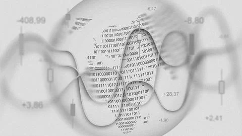 Data visualization shows world map with binary code and graphs in a digital イラスト素材