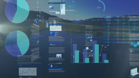 Data visualization UI panels floating over lakeside mountain scene with charts Stock Footage 307433241