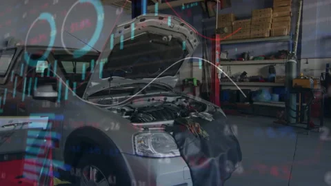 Data visuals fading in over pickup engine, bars growing and bubbles drifting to Stock Footage 312018156