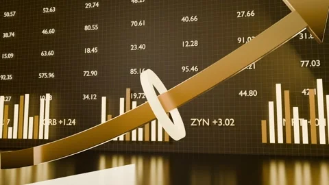 Data wall activating, gold arrow with ring sweeping up-right in studio, showing Stock Footage 339722114