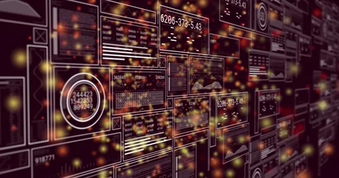 Data wall reacting to drifting particle cluster, showing charts while camera Stock Footage 320651447