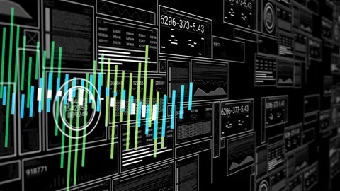 Data wall revealing tiled gauges left bars initiating waveform sweeping across Stock Footage 332772082