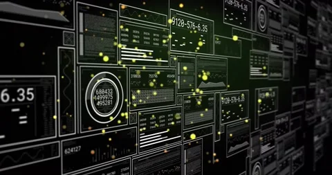 Data wall updating with particle field appearing, camera panning charts updating Stock Footage 330396615