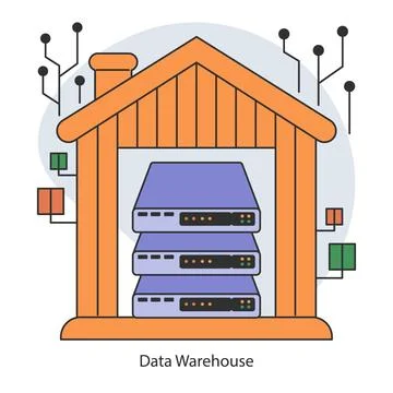 Data warehouse. Centralized data storage systems with advanced connectivity. Stockillustratie