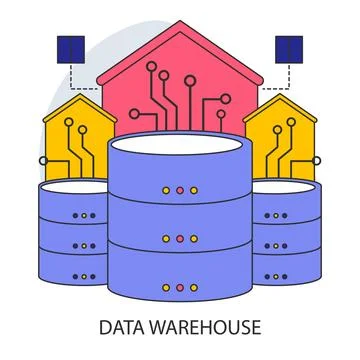 Data warehouse. Centralized data storage systems with advanced connectivity. Stock Illustration
