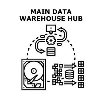 Data warehouse hub creating analytical information processing Stock Illustration