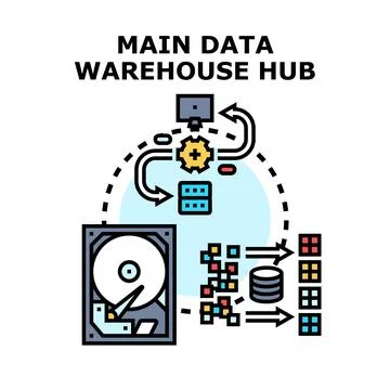 Data warehouse hub creating analytical information processing Stock Illustration