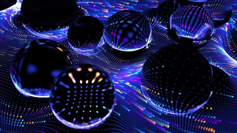 Data wave or water waves around glass spheres. Looped. Dot terrain cold waves Stock Footage 254692058