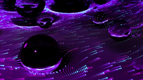 Data wave or water waves around glass spheres. Looped. Dot terrain violet waves Stock Footage 254803549