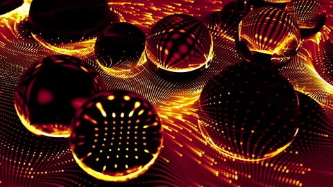 Data wave or water waves around glass spheres. Looped. Dot terrain warm orange Stock Footage 254900407