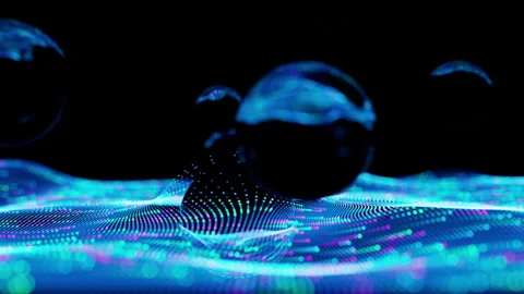 Data wave or water waves around glass spheres. Looped. Dot terrain cold waves Stock Footage 254963427