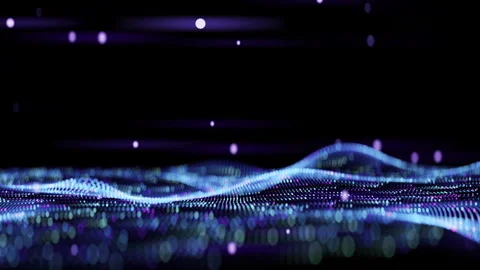 Data wave or water waves around rising glowing spheres. Looped. Dot terrain cold Stock Footage 255124128