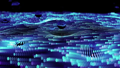 Data wave or water waves around rising glass spheres. Looped. Dot terrain cold Stock Footage 255453775
