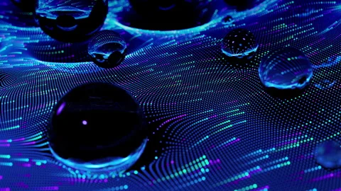 Data wave or water waves around glass spheres. Looped. Dot terrain cold blue Stock Footage 255454540