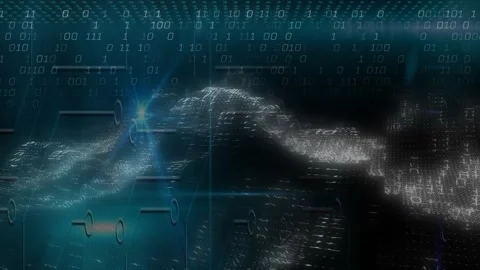 Data wave originating from left flare traveling right, showing tech flow with Stock Footage 330237135