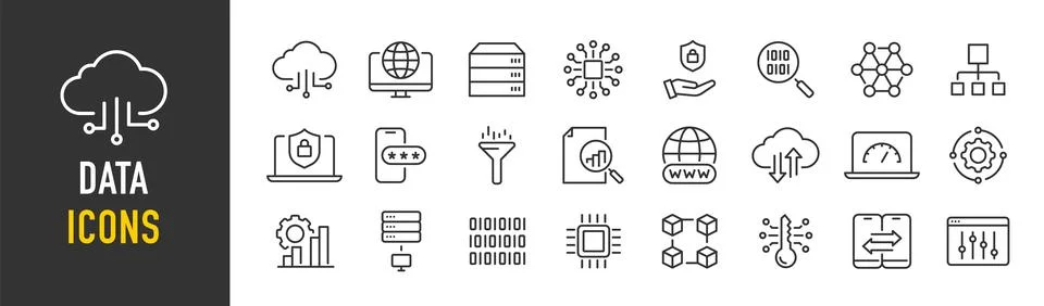 Data web icons in line style. Statistics, analysis, database, server, proce.. Stock Illustration
