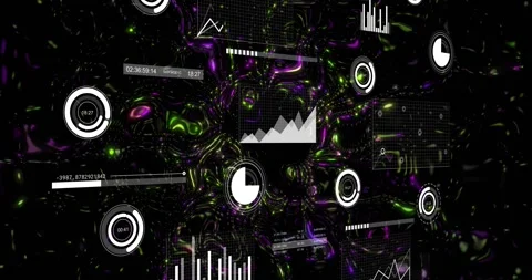 Data widgets floating in 3D tech space, nebula emerging and causing charts Stock Footage 330396635