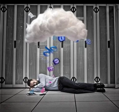 Data worker dreaming of applications and cloud computing 스톡 일러스트