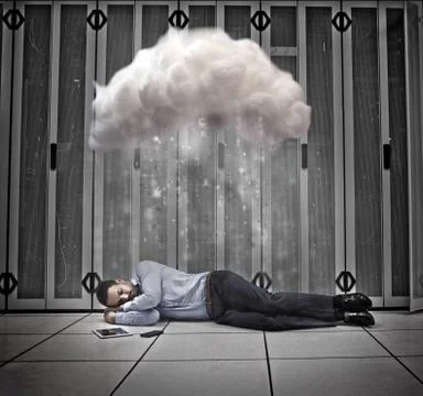 Data worker napping under cloud in data centre Stock Illustration