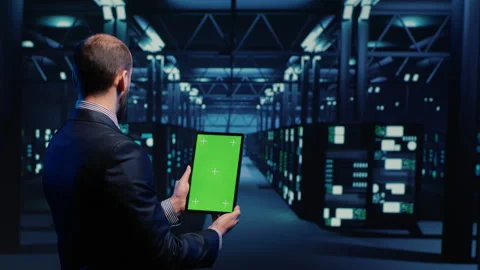 Database admin analyzing greenscreen display on tablet Stock Footage 233221920