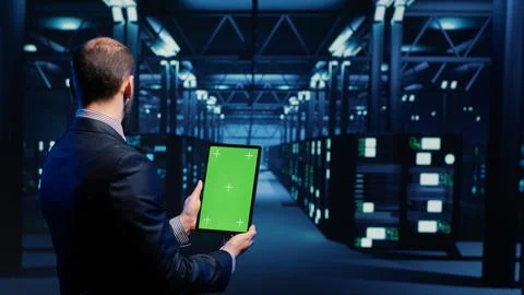 Database admin analyzing greenscreen display on tablet 写真素材