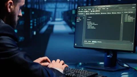 Database admin checking mainframe system on computer Stock Photos